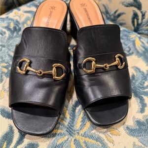 Black Leather Mules with Gold Accents